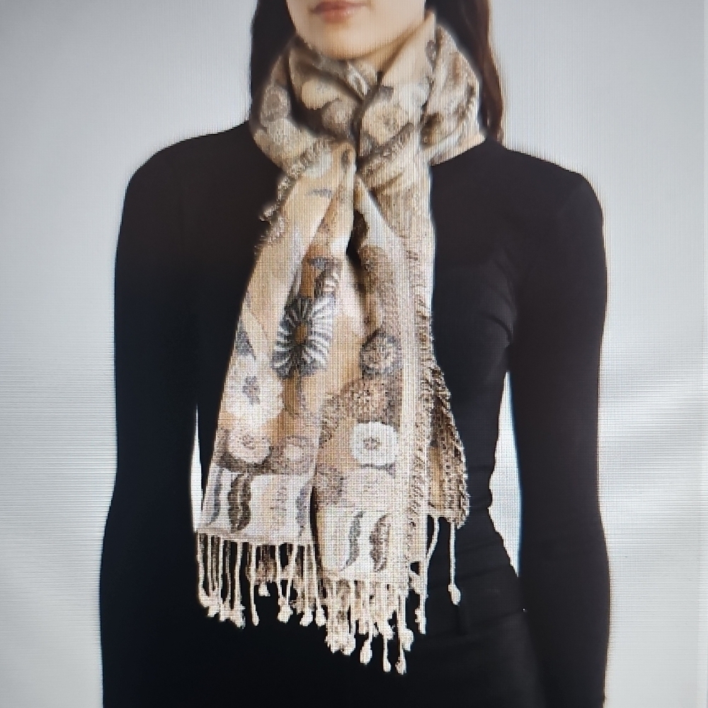New Vince Camuto Beige Floral Scarf with Fringe 74"x29"
